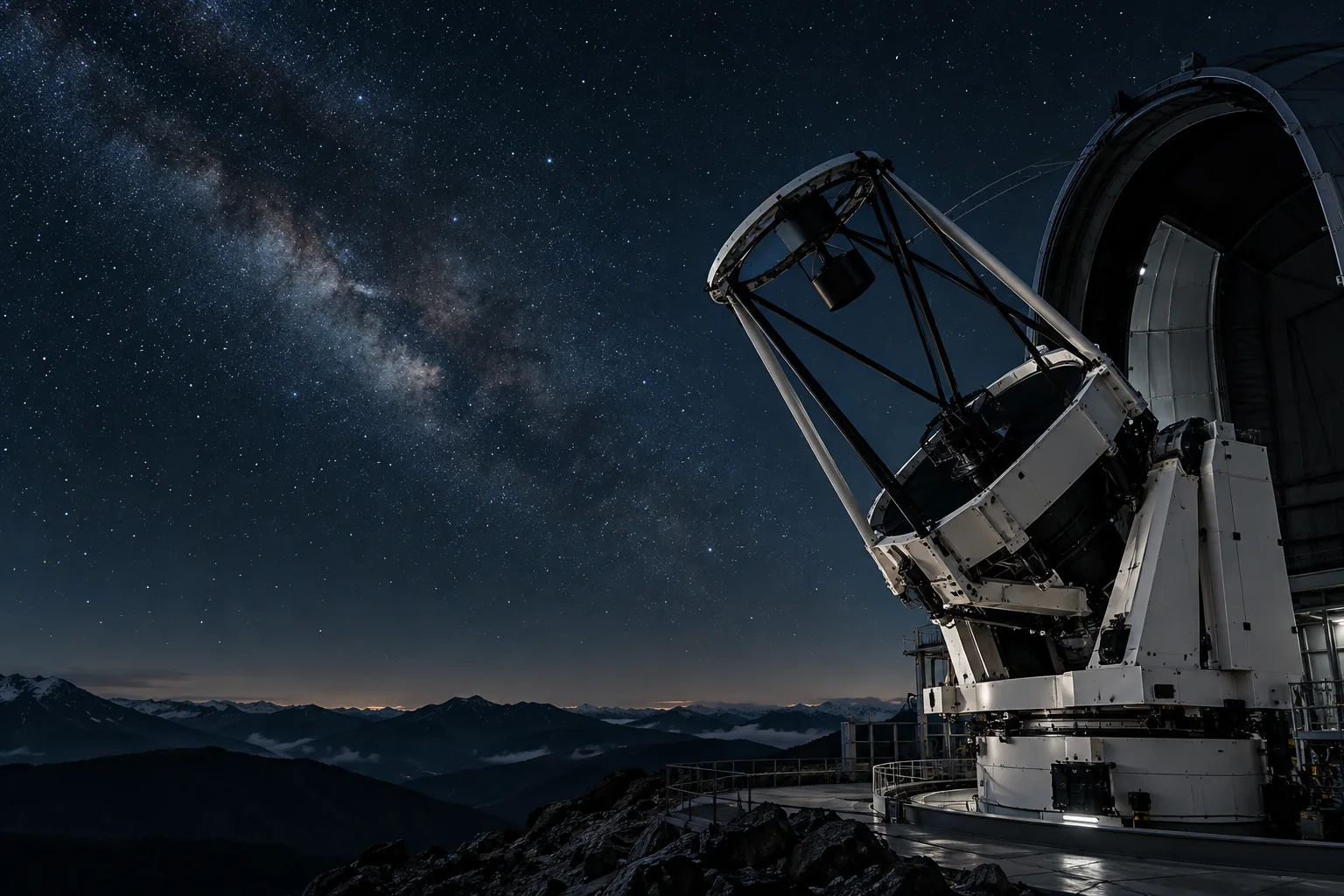 Illustrative mountain observatory telescope beneath a dark starry sky